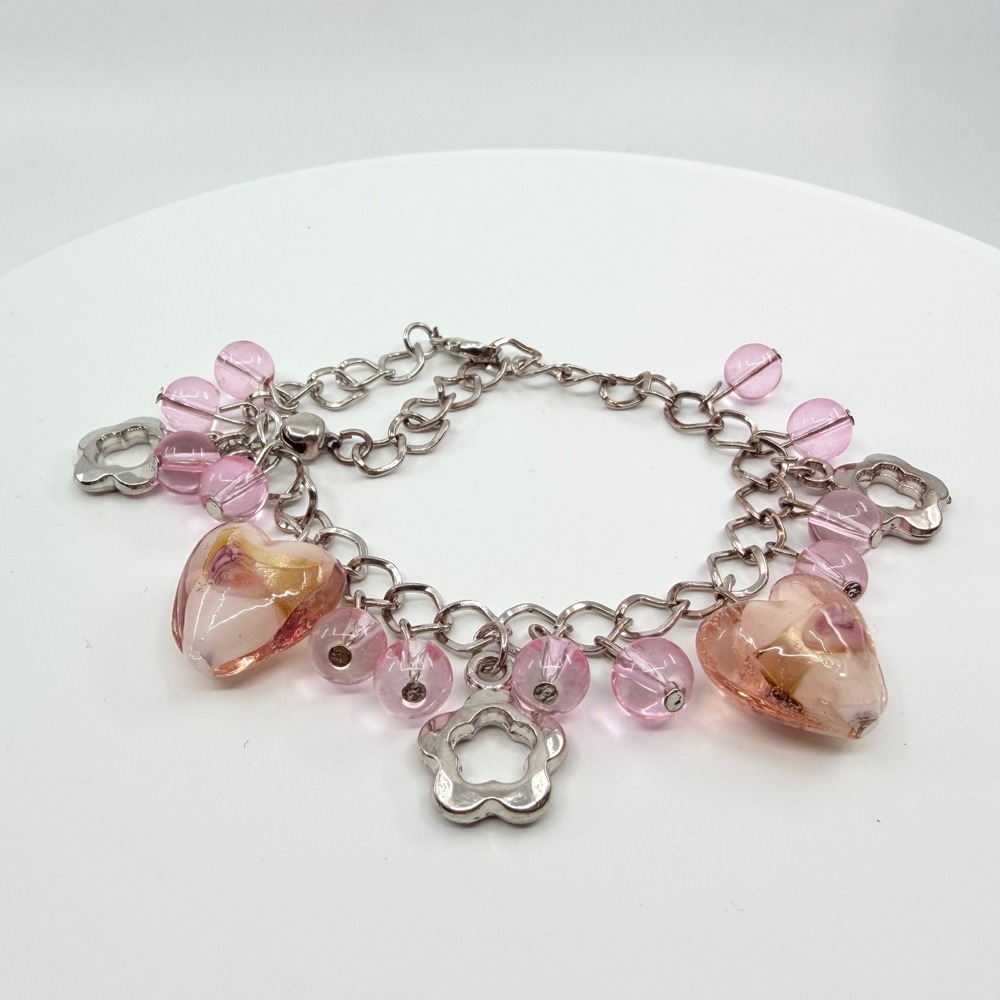 VTG Y2K Pink Murano Glass Heart Charm Bracelet Silver Tone Open Flower Chunky